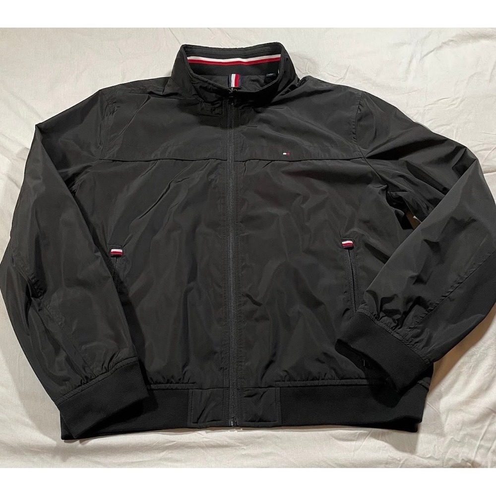Tommy Hilfiger Men's XL Black Lightweight Bomber Windbreaker Jacket Logo
